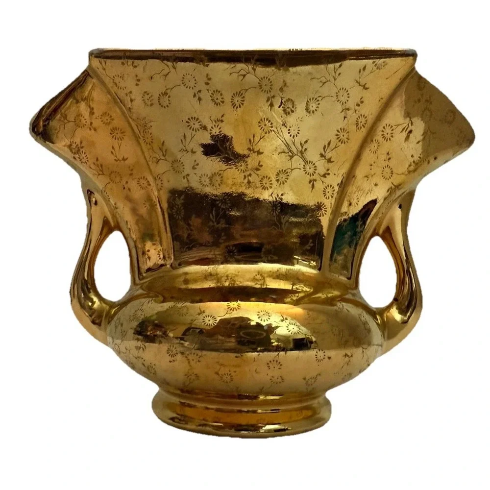 Vintage Gold Floral Cream Lusterware Vase Urn Handled  Collectible 22K Gold Flaw